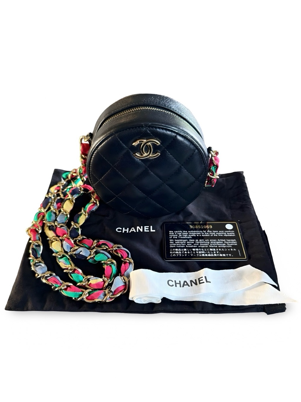 Chanel Quilted Lambskin Multi-Color Ribbon Round Clutch With Chain Crossbody Bag
